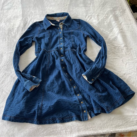 Free People Stretch Denim Knit Button Down Shirt Dress - Picture 5 of 10